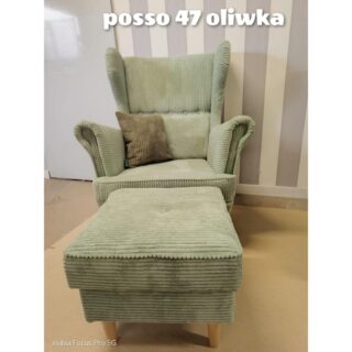 Fotel Uszak - 5 guzików w linii + podnóżek otwierany (TKANINA: POSSO 47 (oliwka))